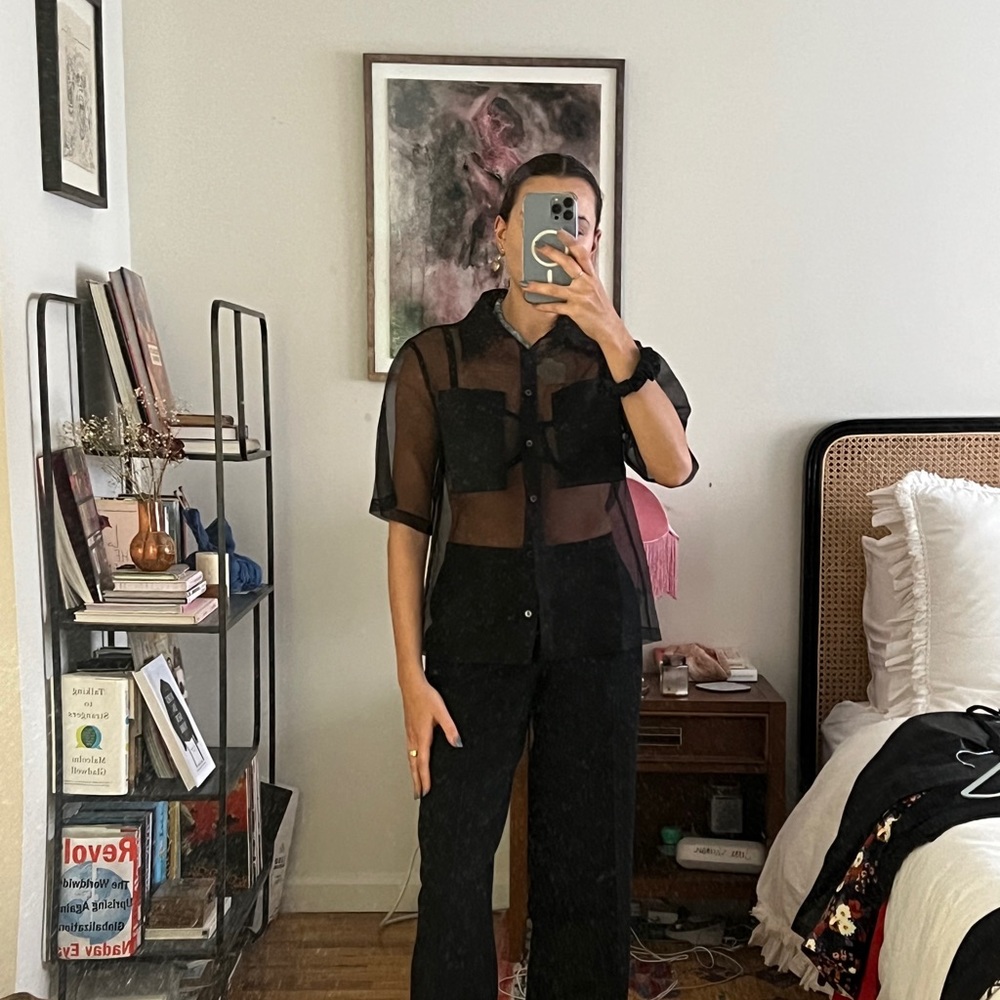 STAUD sheer button up black top